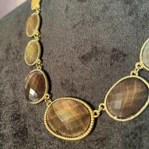 Gold - Brown/Tan Jeweled Necklace and Earrings Set